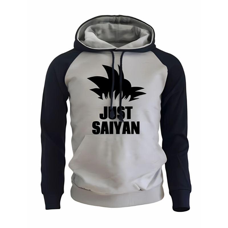 Sweat à capuche bleu marine avec manches gris clair, texte noir "Just Saiyan" et motif cheveux Saiyan noir sur la poitrine, parfait pour un look geek et tendance.