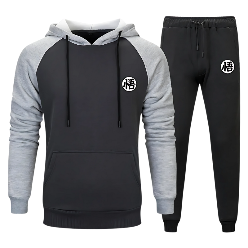 Ensemble confortable de sweat à capuche gris et noir avec symbole emblématique de Goku. Idéal pour les amateurs de Dragon Ball et un look décontracté.