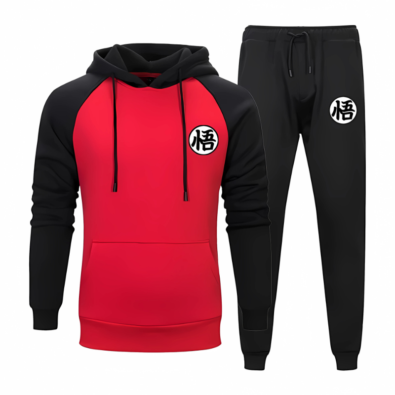 Ensemble confortable de sweat à capuche et jogging Goku rouge et noir avec symbole emblématique. Idéal pour les fans de Dragon Ball Z.