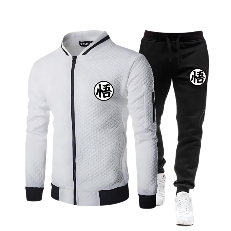 Élégant ensemble comprenant une veste matelassée blanche avec fermeture zippée et un jogging noir. Arborant le symbole Goku, parfait pour les fans de Dragon Ball.