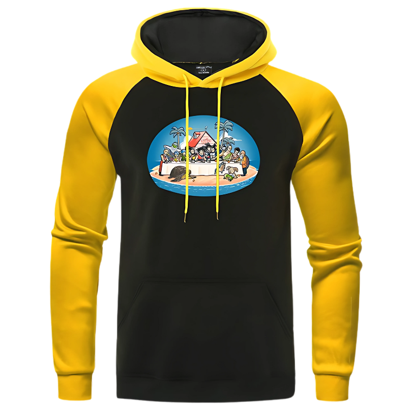 Hoodie Dragon Ball noir et jaune avec un design graphique représentant la Maison de Kame. Confortable et parfait pour les fans de Dragon Ball Z.