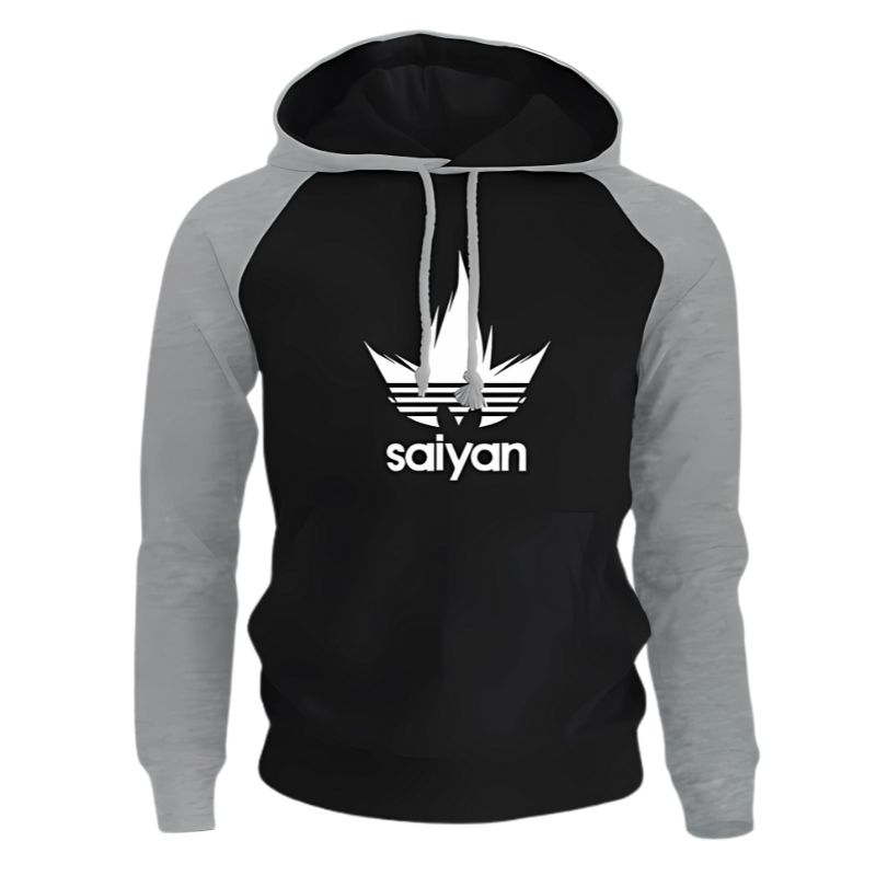 Sweat à capuche noir et gris avec logo Saiyan inspiré de l'univers manga, manches contrastantes et design tendance, parfait pour les fans de streetwear et d'anime.