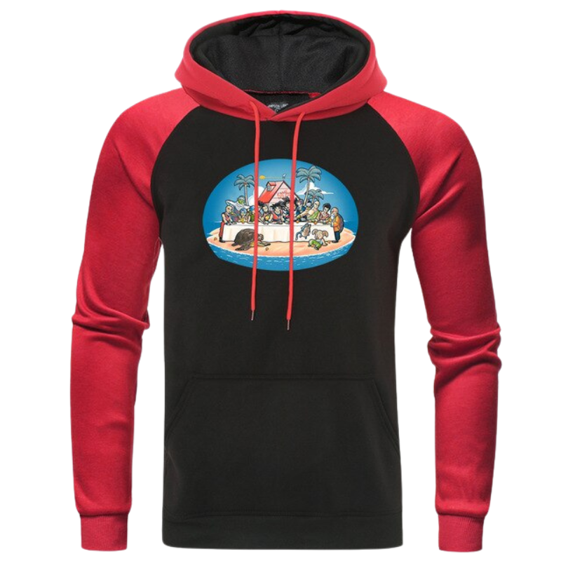 Sweat à capuche Dragon Ball mettant en avant la Maison de Kame. Design noir et rouge vibrant, idéal pour les fans de l'univers Dragon Ball.
