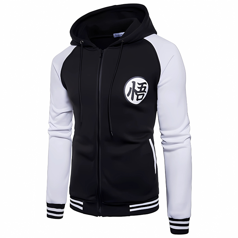 Sweat noir et blanc avec capuche, logo Kanji "悟" emblématique sur la poitrine, design moderne inspiré de l'univers Dragon Ball Z.