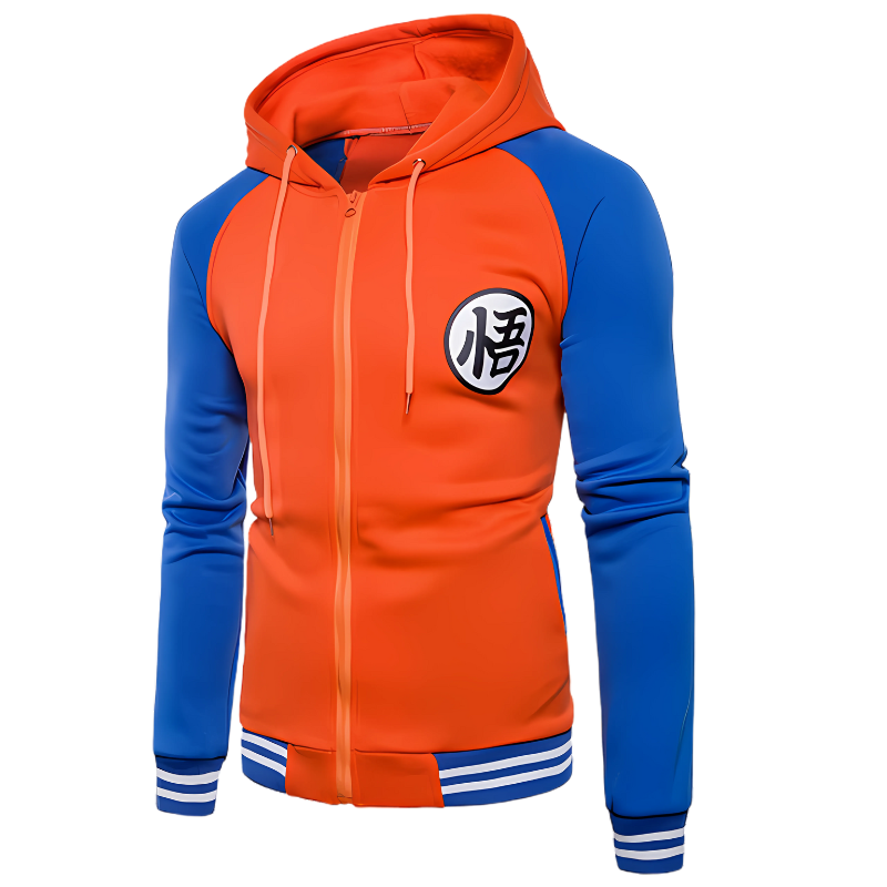 Sweat à capuche orange et bleu vif avec logo Kanji "悟" sur la poitrine, design inspiré de Dragon Ball Z et style Goku.