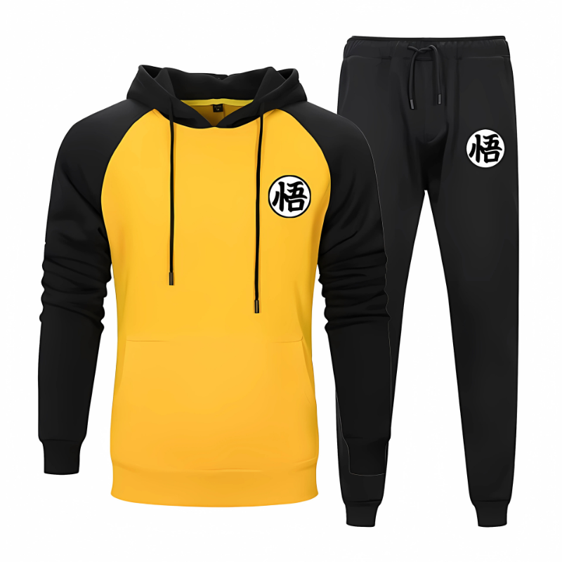 Ensemble de sweat et pantalon jaune et noir avec design inspiré de Dragon Ball et symbole Goku. Parfait pour un style décontracté et fan de manga.