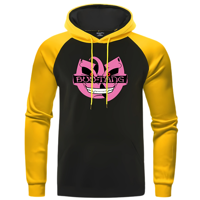 Sweat Dragon Ball avec portrait du méchant Majin Buu – Design dynamique en jaune et noir, idéal pour les fans de l'anime Dragon Ball Z.