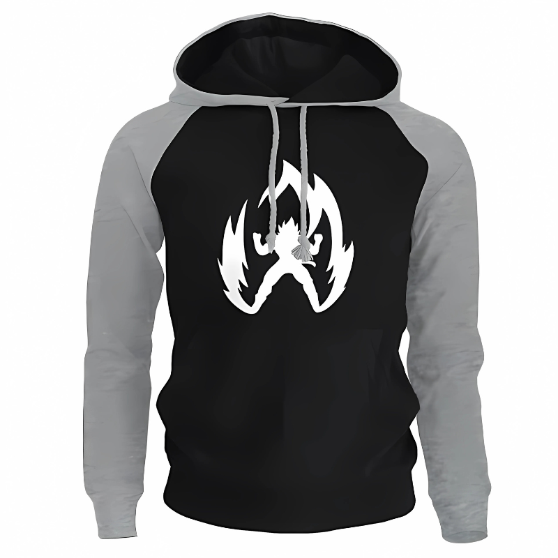 Affichez votre passion pour Dragon Ball Z avec ce sweat à capuche au design emblématique. Combinant des manches grises et un torse noir profond, ce vêtement arbore un motif Saiyan blanc éclatant, mettant en valeur la force et l'énergie des guerriers légendaires. Confortable et tendance, il est idéal pour les sorties décontractées, les entraînements ou simplement pour afficher votre style unique.