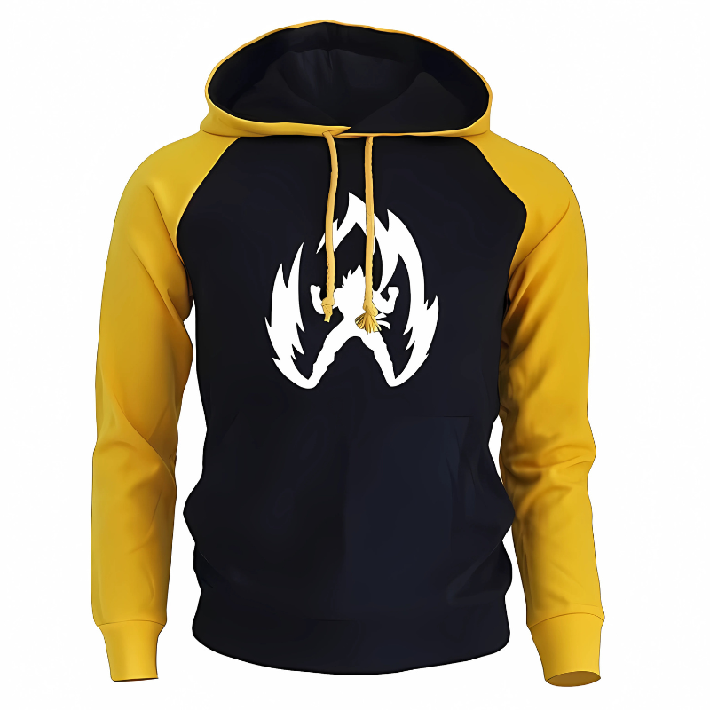 Rejoignez le style et la puissance Saiyan avec ce sweat à capuche haut en couleur. Conçu pour les amateurs de Dragon Ball Z, ce modèle associe des manches jaune doré à un torse bleu marine profond. Au centre, un Saiyan en pleine puissance est imprimé en blanc éclatant, reflétant toute la force et le charisme des guerriers de l’univers. Parfait pour un look décontracté et audacieux.