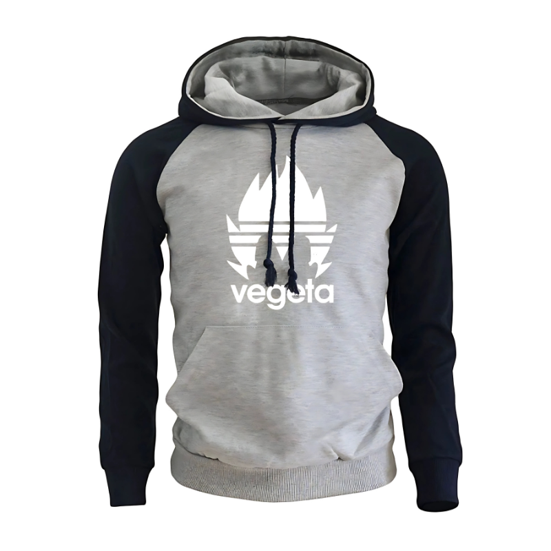 Sweat à capuche gris clair avec manches navy, logo Vegeta en blanc stylisé en mode Super Saiyan, idéal pour les fans d'anime et les adeptes de vêtements inspirés de Dragon Ball.