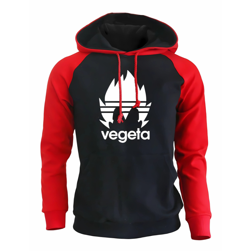 Sweat à capuche noir avec manches rouges et cordons assortis, logo Vegeta blanc en mode Super Saiyan, parfait pour les passionnés de l'univers Dragon Ball et les amateurs de streetwear geek.