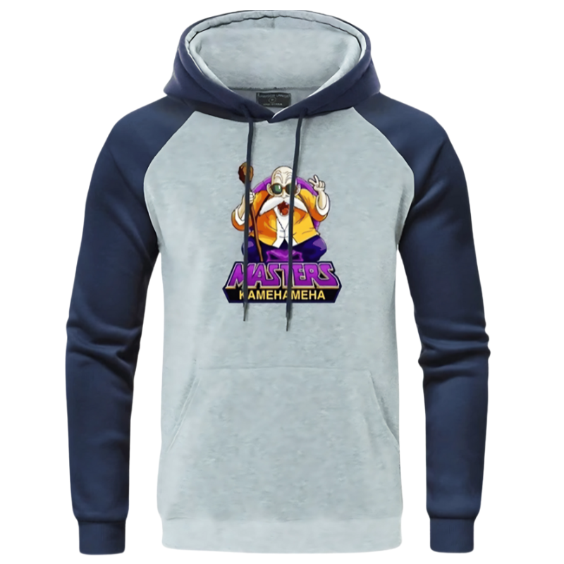 Sweat à capuche avec un design dynamique inspiré de Dragon Ball Z, featuring un logo Kamehameha emblématique et un fond énergique, parfait pour les passionnés de l'univers Dragon Ball.
