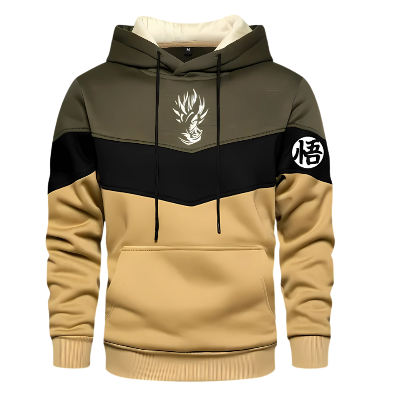 Sweat à capuche tricolore (beige, noir, kaki) avec un design inspiré de Goku et un symbole japonais "悟" sur la manche, issu de Dragon Ball Z. Ce vêtement confortable et sophistiqué est parfait pour les fans de manga et d’anime recherchant un look discret et moderne.
