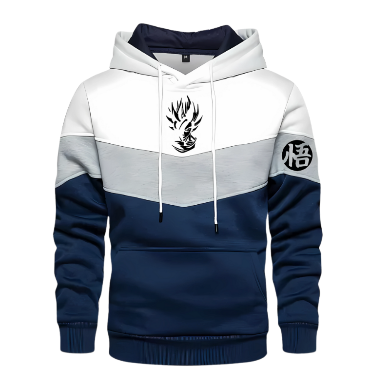 Sweat à capuche tricolore (blanc, gris, bleu marine) avec un design inspiré de Goku et un symbole japonais "悟" sur la manche, tiré de Dragon Ball Z. Ce vêtement offre un style unique et confortable, parfait pour les fans d’anime et de manga.