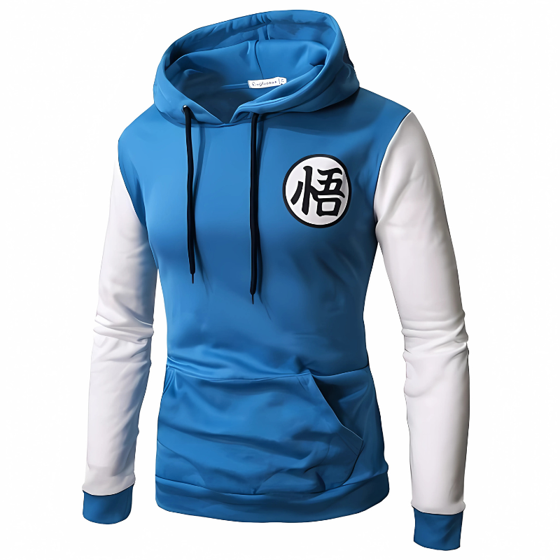 Sweat à capuche bleu avec manches blanches et logo kanji "悟" imprimé sur la poitrine, inspiré de l'univers Dragon Ball, idéal pour un look casual et geek.
