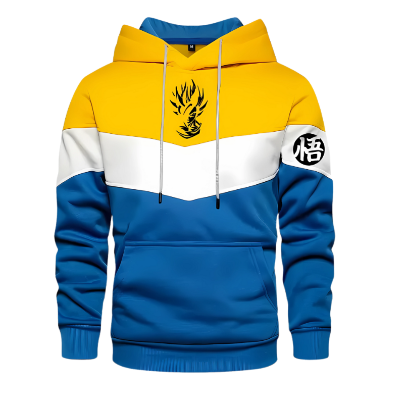Sweat à capuche tricolore (orange, gris, bleu marine) avec un design inspiré de Goku et un symbole japonais "悟" sur la manche, tiré de Dragon Ball Z. Ce vêtement stylé et confortable est parfait pour les fans de manga et d’anime recherchant un look vibrant et unique.