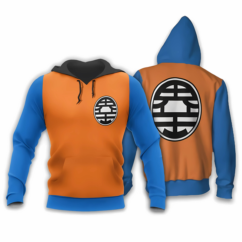 Sweat à capuche inspiré de Goku avec un design orange et bleu. Le symbole maître Kame est imprimé sur la poitrine et agrandi dans le dos. Ce vêtement est idéal pour les fans de Dragon Ball, avec une capuche noire et des manches contrastantes bleues pour un look fidèle et moderne.