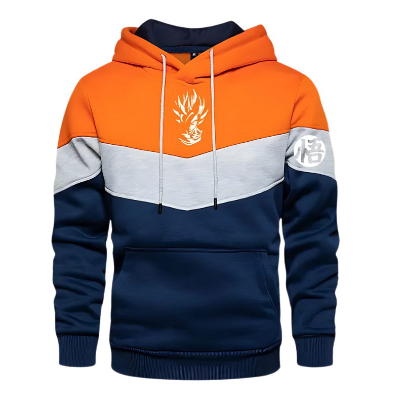 Sweat à capuche tricolore (orange, gris, bleu marine) avec un design inspiré de Goku et un symbole japonais "悟" sur la manche, tiré de Dragon Ball Z. Ce vêtement stylé et confortable est parfait pour les fans de manga et d’anime recherchant un look vibrant et unique.