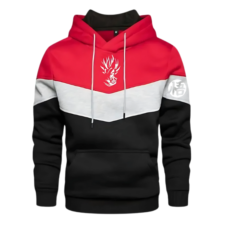 Sweat à capuche tricolore (rouge, blanc, noir) avec un design inspiré de Goku et un symbole japonais "悟" sur la manche, tiré de Dragon Ball Z. Ce vêtement confortable et stylé est idéal pour les fans de manga et d’anime recherchant un look unique et moderne.