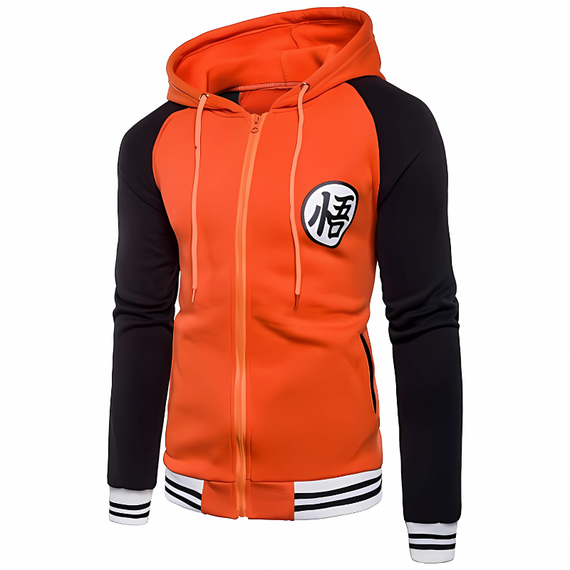 Sweat à capuche orange et noir avec logo Kanji "悟" sur le devant, représentant le caractère japonais pour "sagesse" ou "réalisation". Ce design s'inspire de l'univers de Dragon Ball, parfait pour les fans de la série.