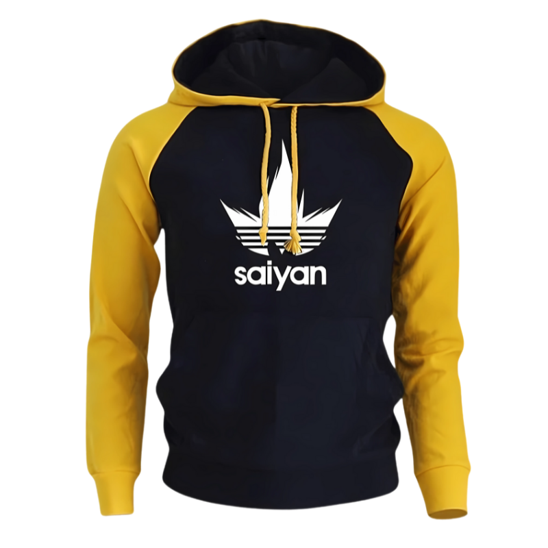 Sweat à capuche noir et jaune avec design Saiyan, manches contrastantes, logo inspiré du style Adidas et univers manga, parfait pour les fans de streetwear et d'anime.