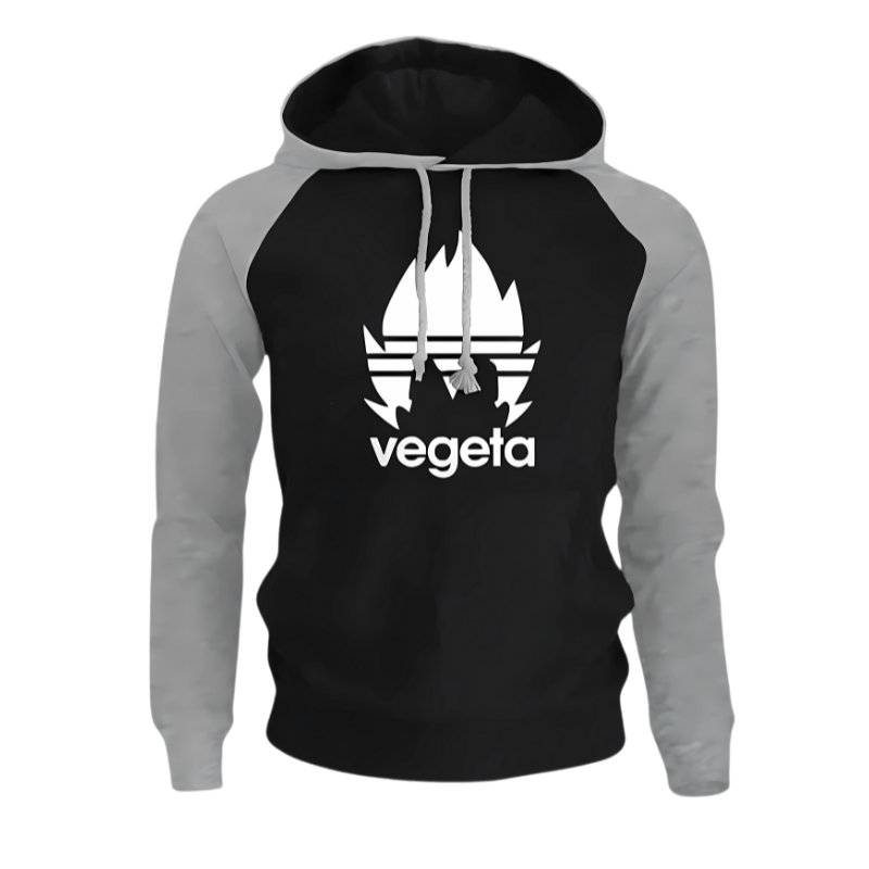Sweat à capuche noir avec manches grises, logo blanc stylisé de Vegeta en Super Saiyan, parfait pour les amateurs d'anime et les passionnés de mode geek tendance.