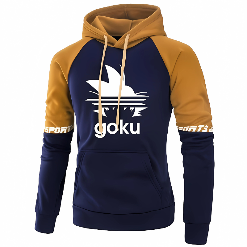 Imposez votre style avec ce sweat à capuche bleu marine et or, mettant en avant un design épuré et puissant inspiré de Goku. Le logo Super Saiyan blanc sur la poitrine symbolise force et détermination, complété par des manches couleur or ornées de l'inscription "SPORTS" pour un look dynamique et moderne. Ce sweat est le choix idéal pour afficher votre passion pour Dragon Ball tout en restant à la pointe de la mode. Parfait pour les fans de l'anime et les amateurs de vêtements urbains.