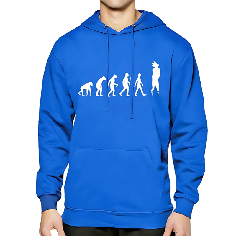 Sweat bleu roi avec design "Évolution" montrant la progression de l'homme vers le Saiyan, parfait pour afficher votre passion geek.