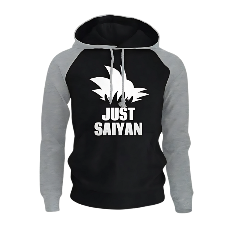Sweat à capuche noir avec manches grises, texte blanc "Just Sai
