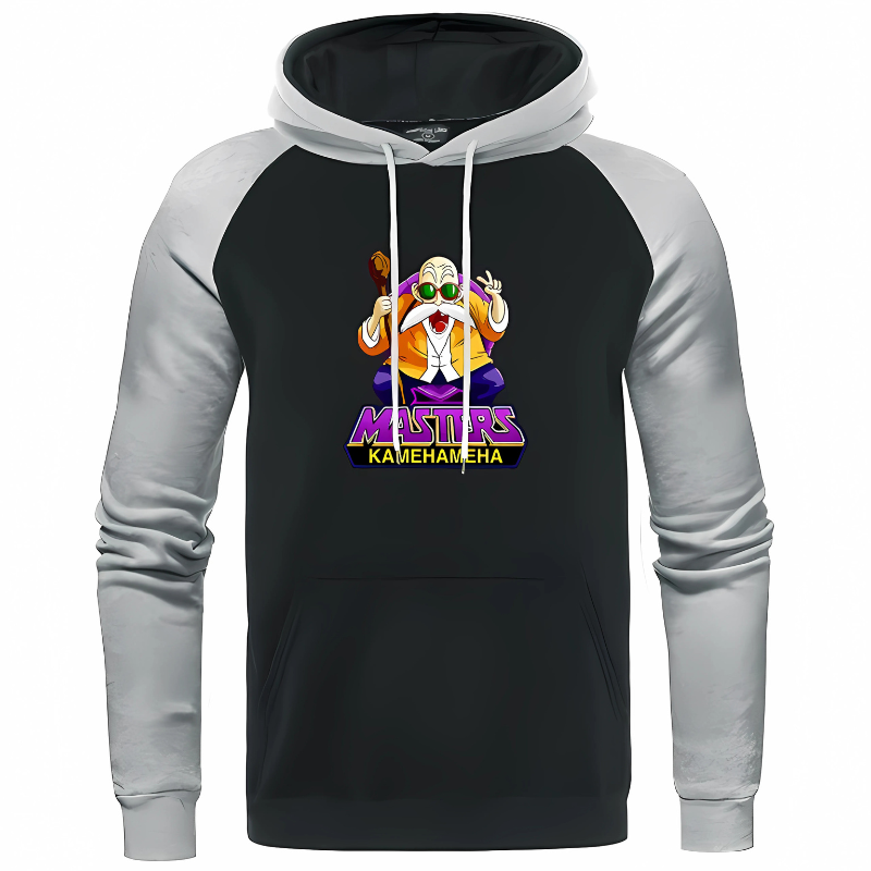 Sweat à capuche bicolore noir et gris clair avec un motif coloré de Tortue Géniale et le texte "Masters Kamehameha", parfait pour les fans de Dragon Ball Z et un look original.