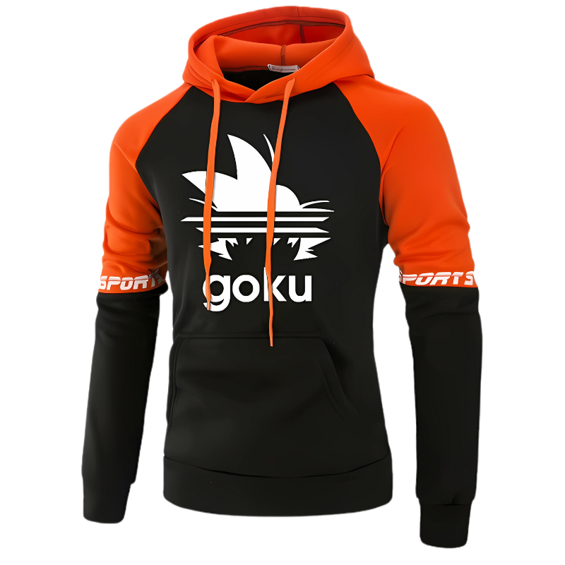 Adoptez un style unique avec ce sweat à capuche noir et orange vibrant. Mettant en vedette le logo iconique de Goku en mode Super Saiyan, ce vêtement combine la passion pour l'univers de Dragon Ball avec une esthétique sportive moderne. Les manches orange sont ornées de l'inscription "SPORTS" pour un look dynamique et énergique. Parfait pour les journées décontractées, les séances sportives ou les sorties entre amis, ce sweat est un incontournable pour les fans de l'anime et du streetwear.
