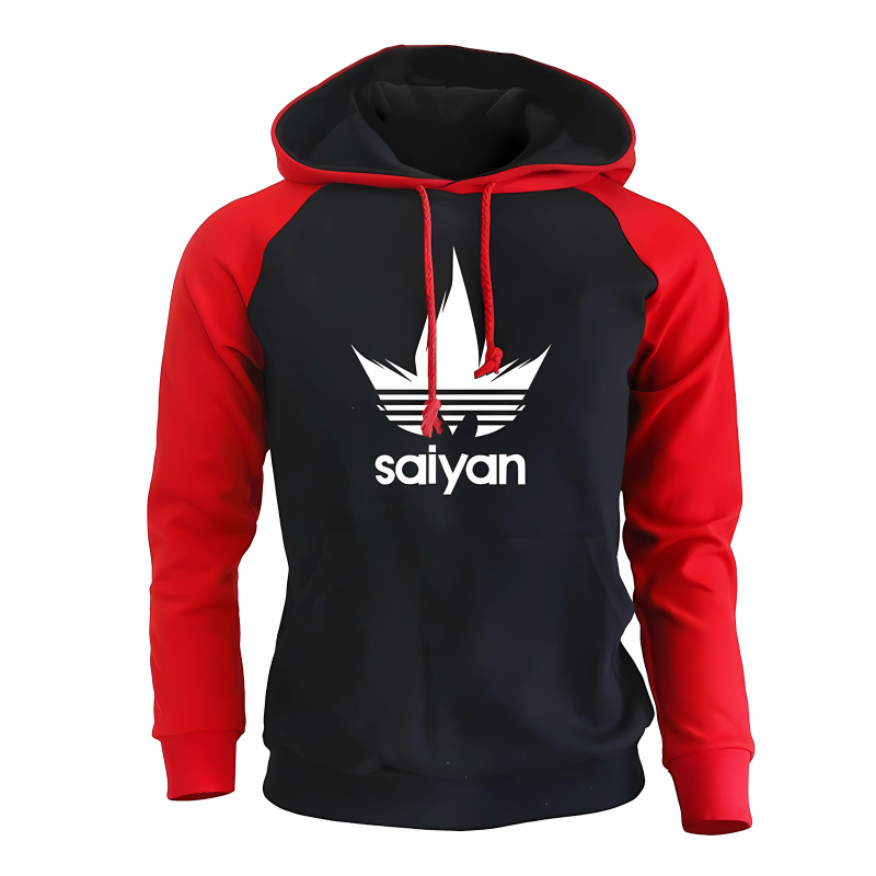 Sweat à capuche noir et rouge avec logo Saiyan, manches rouges contrastantes et style streetwear tendance, idéal pour les amateurs de mode inspirée de l'univers manga et anime.