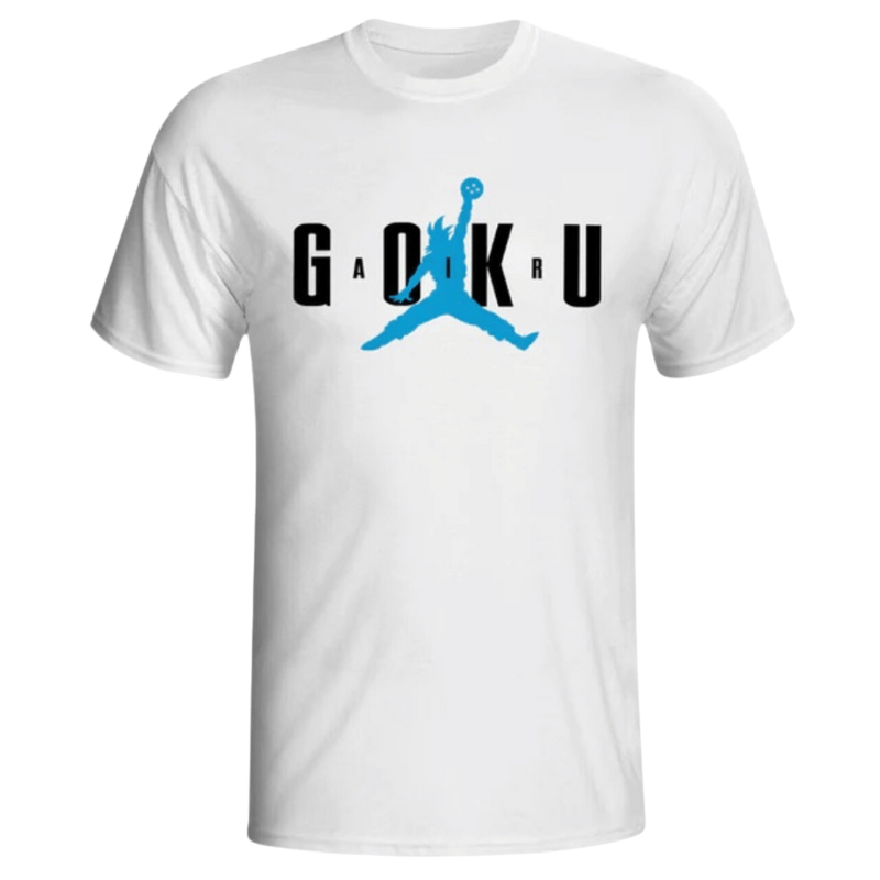 T-shirt Dragon Ball Z Goku blanc avec un design inspiré du logo Air Jordan, représentant Goku en plein saut avec une boule de cristal. Confectionné en tissu respirant et à séchage rapide pour un confort optimal.