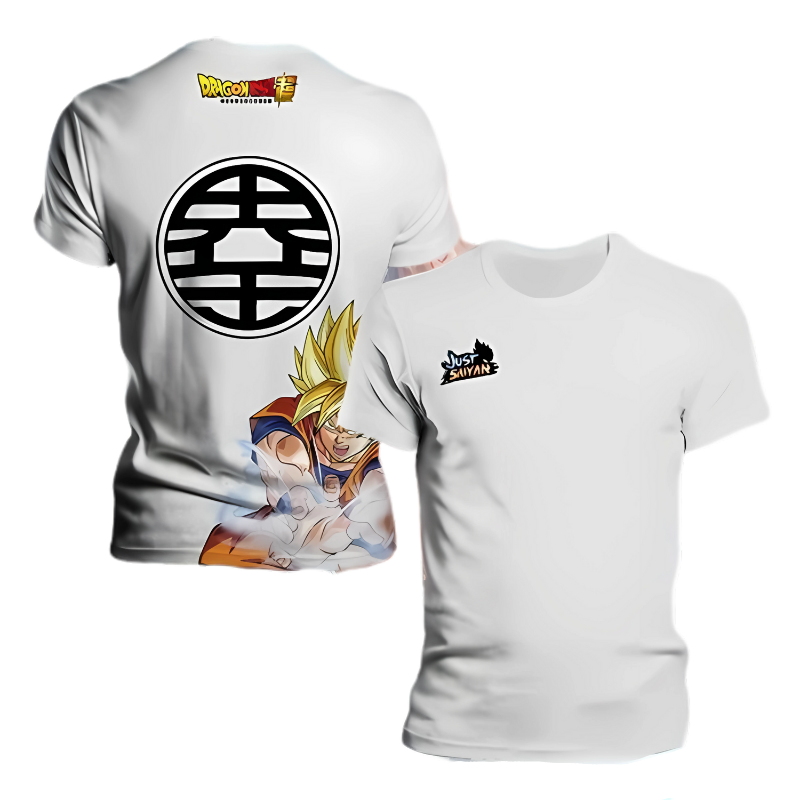 T-shirt Dragon Ball Z Goku blanc avec impression de qualité supérieure, conçu en tissu respirant à séchage rapide pour un confort optimal, idéal pour les fans du manga Dragon Ball Z.