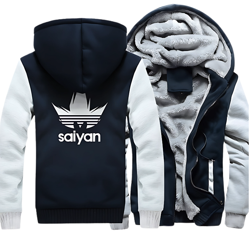 Veste bleu marine avec manches blanches "Saiyan", doublure intérieure chaude en molleton, design emblématique inspiré de Dragon Ball Z. Parfaite pour un style animé et confort.