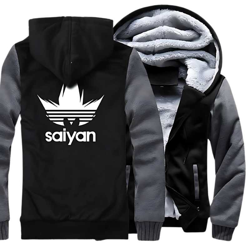 Veste noire avec manches grises "Saiyan", doublure chaude en molleton et design inspiré de Dragon Ball Z. Idéale pour les amateurs d'animé cherchant confort et style.