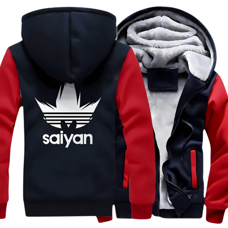 Veste bleu marine avec manches rouges "Saiyan", doublure en molleton chaud et fermeture éclair, parfaite pour les fans de Dragon Ball Z recherchant confort et style.