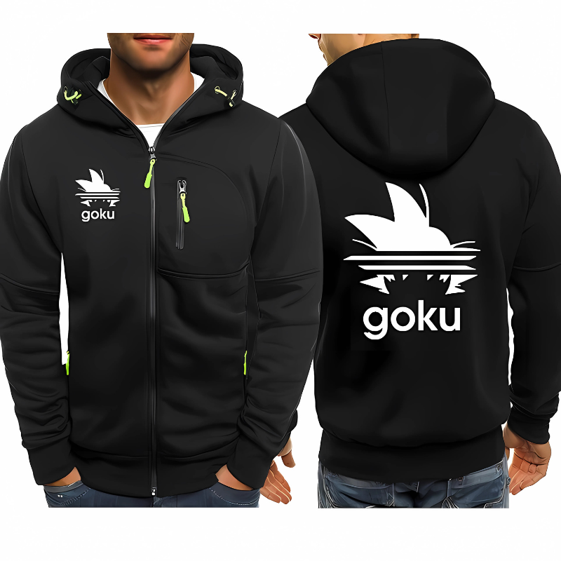 Veste à capuche noire avec logo Goku imprimé à l'avant et au dos, équipée de poches zippées vert fluo et d'une capuche fonctionnelle, idéale pour les fans de manga et de mode streetwear.