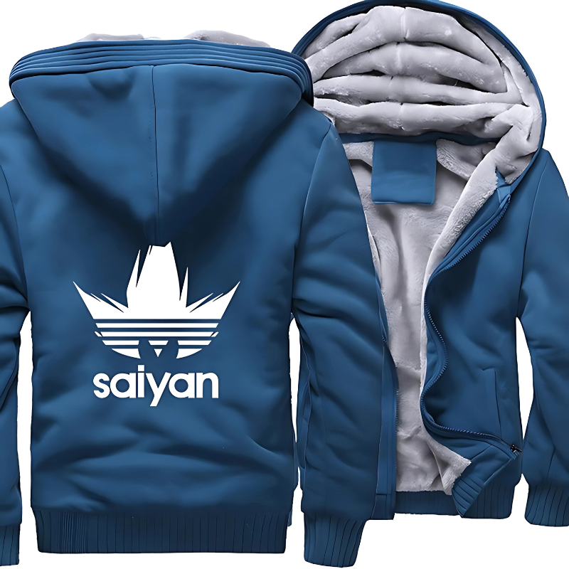 Veste d'hiver bleue "Saiyan" avec doublure polaire, design manga inspiré du logo Adidas. Idéale pour affronter le froid tout en restant stylé.
