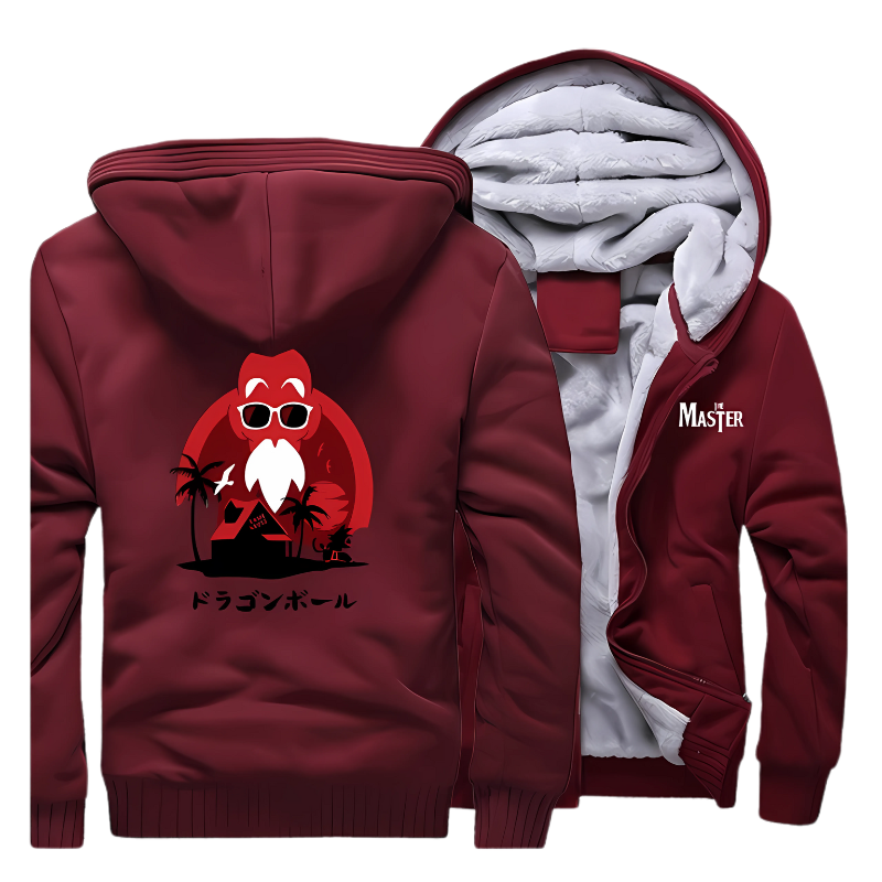 Veste Dragon Ball chaude pour homme en rouge avec design Kame Sennin (Tortue Géniale) imprimé au dos. Logo "Master" sur la poitrine. Doublure polaire grise pour chaleur et confort, manches et capuche assorties pour un style unique.