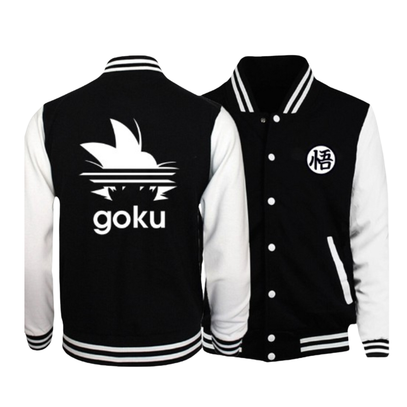 Veste teddy Dragon Ball Z noire et blanche avec Goku, blouson chaud style universitaire pour homme, design manga Saiyan.
