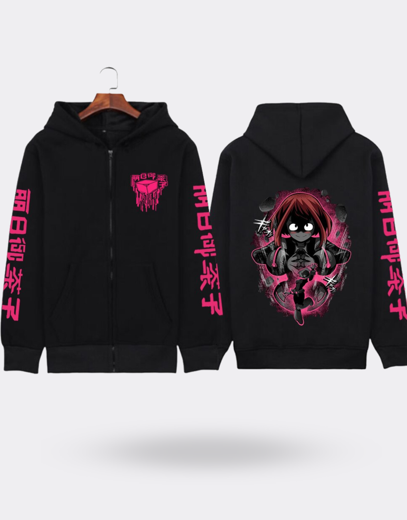 Sweat Zippé My Hero Academia Ochaco impression dos et bras noir et rose