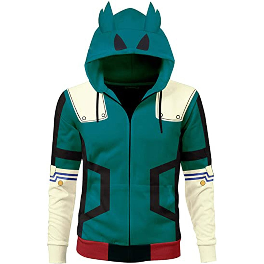 Sweat Zippé My Hero Academia Izuku cornes sur la capuches vert et blanc