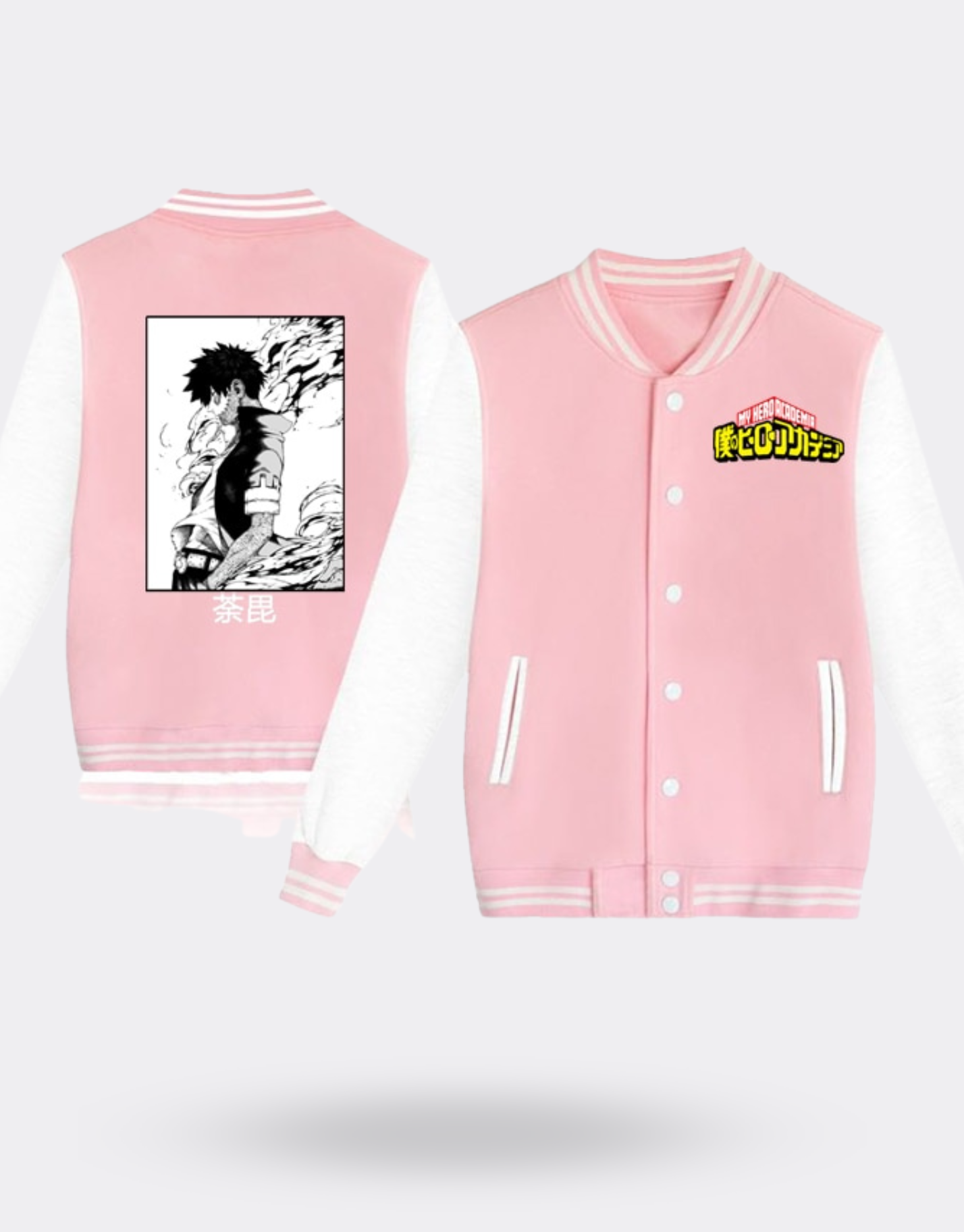 Veste My Hero Academia Dabi écritures chinoises rose et blanche