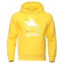 Sweat à capuche jaune avec logo cheveux Saiyan blanc et texte "Goku", idéal pour un look lumineux et énergique, parfait pour les fans de l'univers Saiyan.