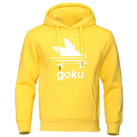 Sweat à capuche jaune avec logo cheveux Saiyan blanc et texte "Goku", idéal pour un look lumineux et énergique, parfait pour les fans de l'univers Saiyan.