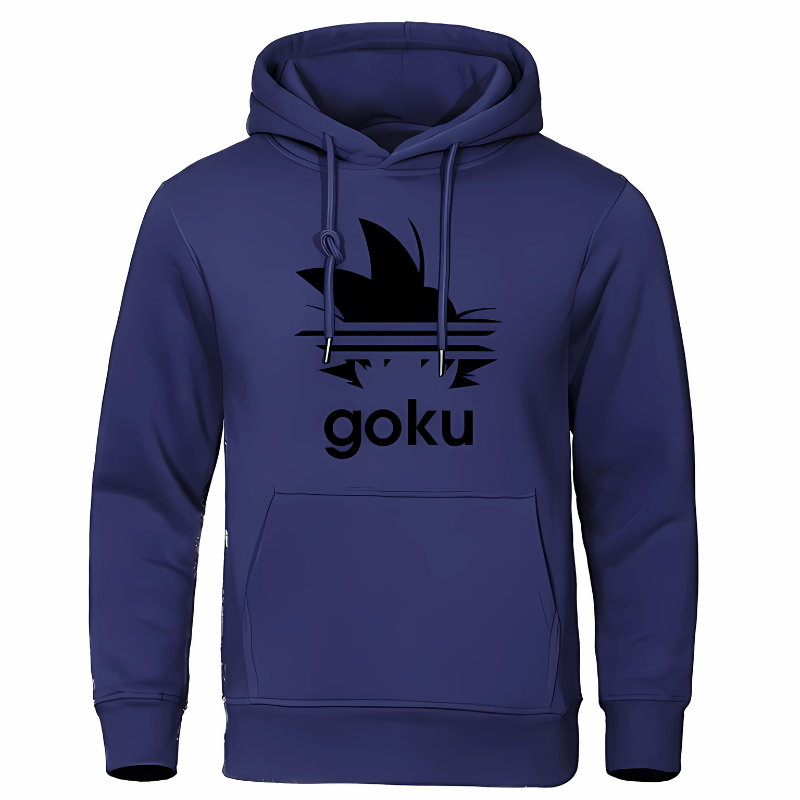 Sweat à capuche bleu marine avec logo cheveux Saiyan noir et texte "Goku", parfait pour un look discret et élégant inspiré de la culture pop.