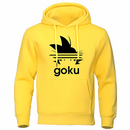 Sweat à capuche jaune avec logo cheveux Saiyan noir et texte "Goku", parfait pour un look vibrant et audacieux inspiré de l'univers Saiyan.