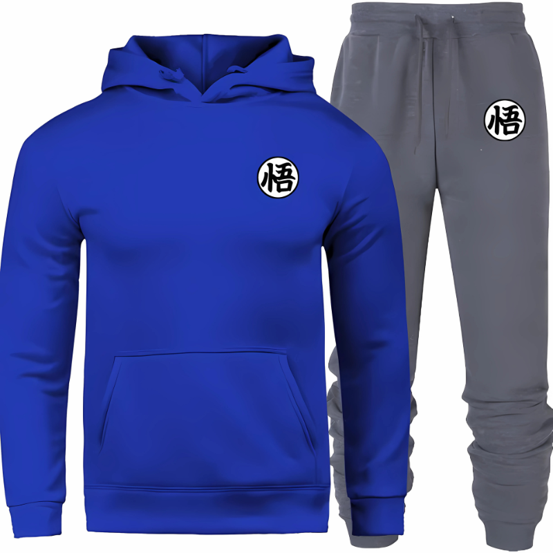 Ensemble de survêtement Dragon Ball Z comprenant un sweat à capuche bleu royal et un pantalon gris. Décoré du symbole "悟" blanc sur le haut et le bas, cet ensemble allie style décontracté et inspiration Goku.