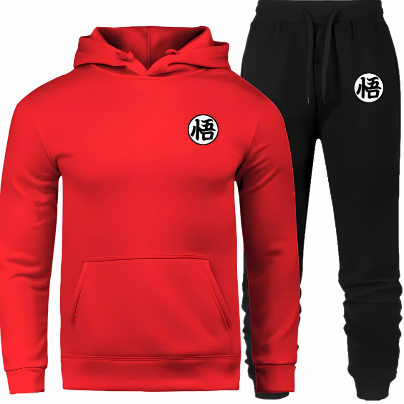 Ensemble de survêtement Dragon Ball Z rouge et noir, composé d'un sweat à capuche rouge et d'un pantalon noir assorti. Le symbole "悟" blanc est élégamment apposé sur la poitrine et la jambe. Idéal pour les fans de Goku et Dragon Ball Z.